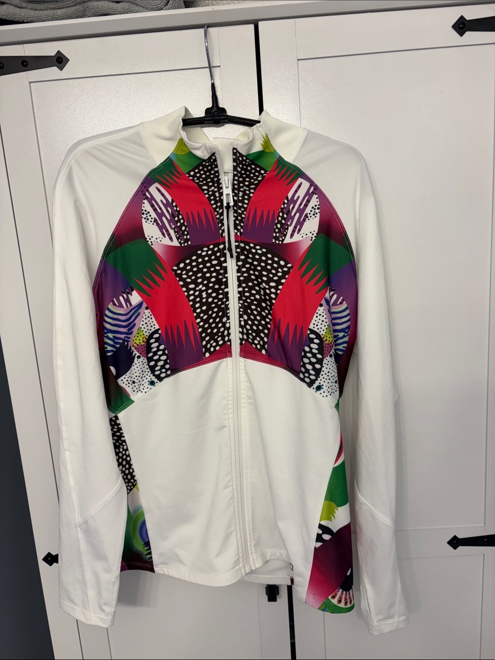 Desigual White Bomber Jacket with Pink, Green, Purple and Red Graphic Panels